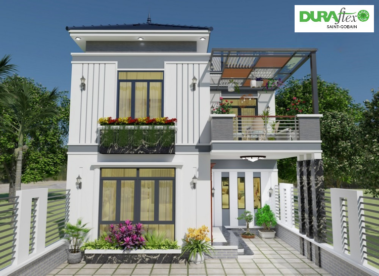 Phối cảnh mặt tiền mẫu nhà 2 tầng chữ L 100m2 4 phòng ngủ 