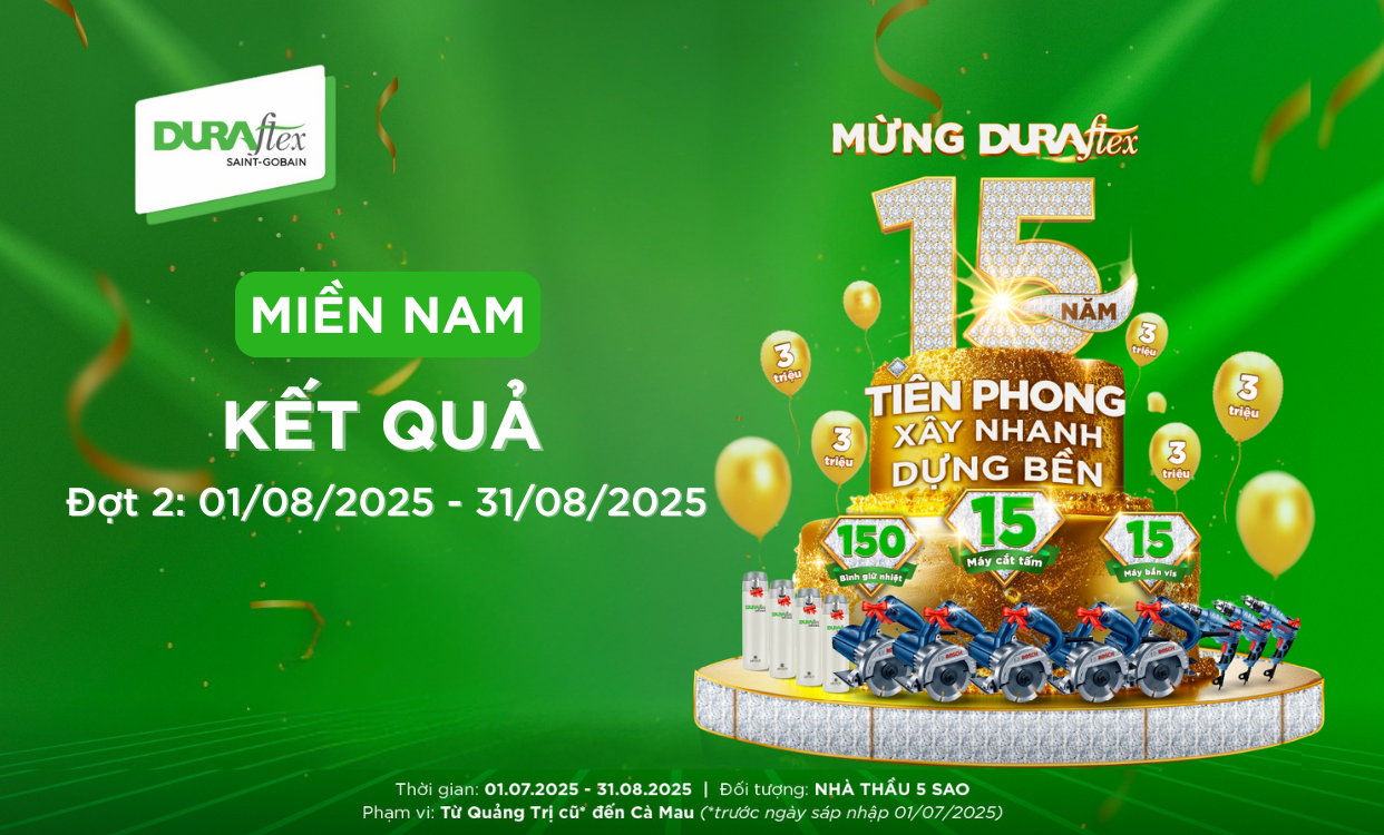 Miền Nam | Kết Quả CTKM MỪNG DURAflex 15 NĂM TIÊN PHONG XÂY NHANH DỰNG BỀN ĐỢT 2 (01/08/2025 - 31/08/2025)