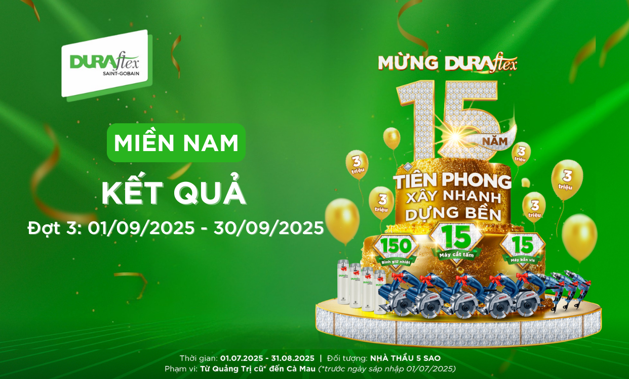 Miền Nam | Kết Quả CTKM MỪNG DURAflex 15 NĂM TIÊN PHONG XÂY NHANH DỰNG BỀN ĐỢT 3 (01/09/2025 - 30/09/2025)