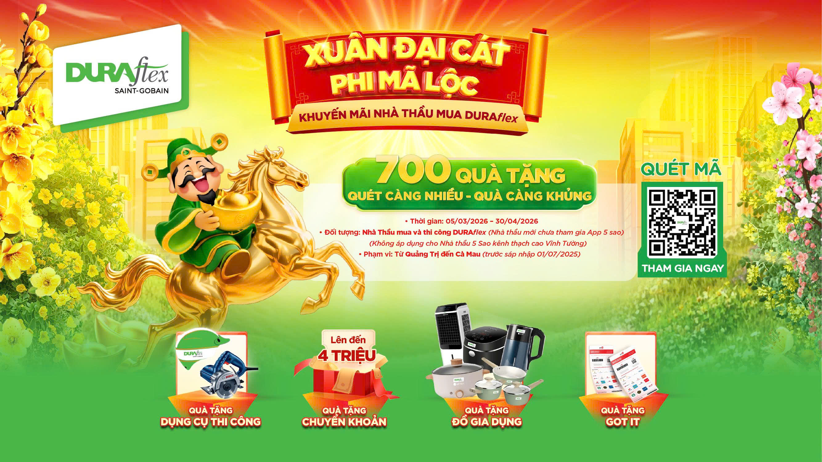 [Miền Nam] CHƯƠNG TRÌNH XUÂN ĐẠI CÁT - PHI MÃ LỘC DÀNH CHO NHÀ THẦU 5 SAO MUA VÀ THI CÔNG DURAflex (Chưa tham gia ứng dụng Nhà thầu 5 sao)