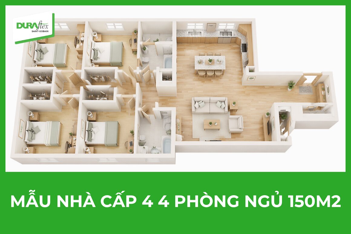 mẫu nhà cấp 4 4 phòng ngủ 150m2
