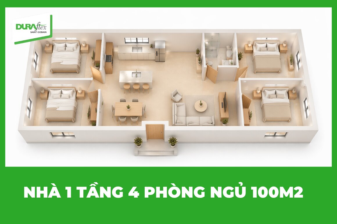 nhà 1 tầng 4 phòng ngủ 100m2