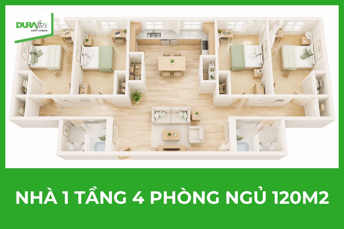 nhà 1 tầng 4 phòng ngủ 120m2