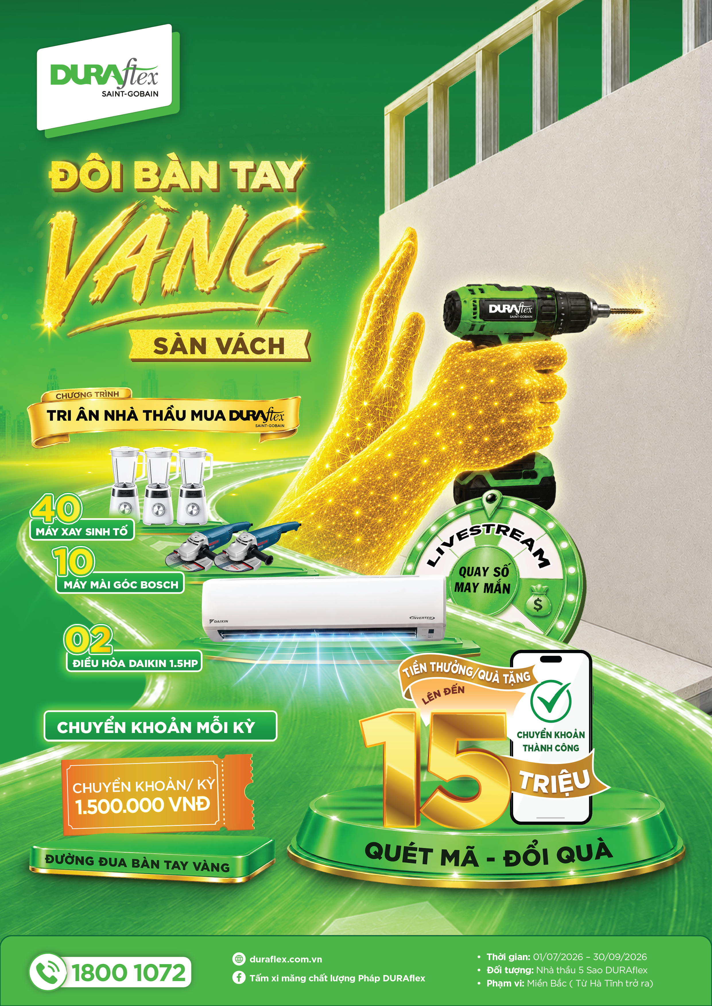 [MIỀN BẮC] CHƯƠNG TRÌNH KHUYẾN MÃI ĐÔI BÀN TAY VÀNG - TRI ÂN NHÀ THẦU MUA DURAflex