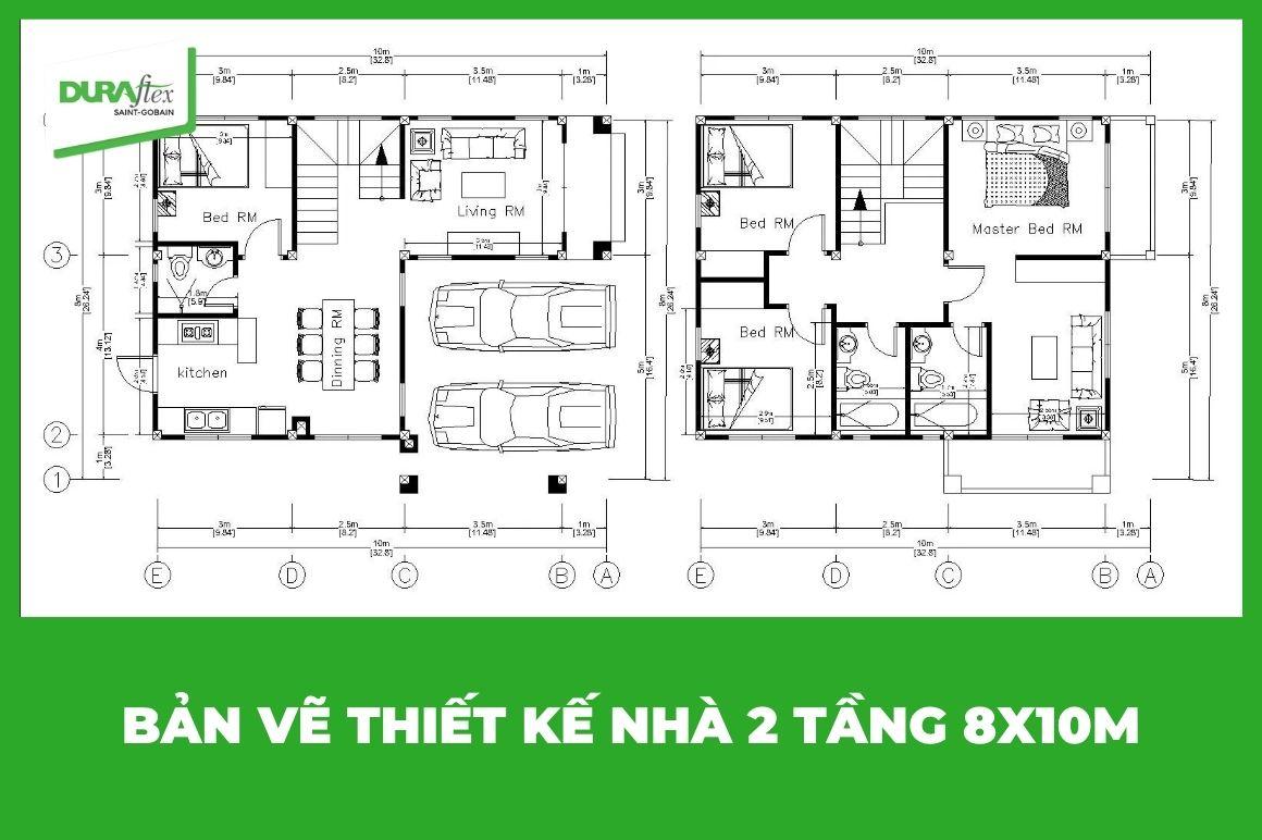 Bản vẽ thiết kế nhà 2 tầng 8x10m