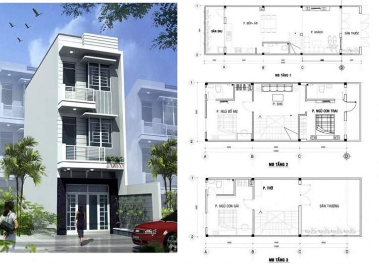 Bản thiết kế nhà ống 3 tầng mặt phố chi tiết, đầy đủ tiện nghi