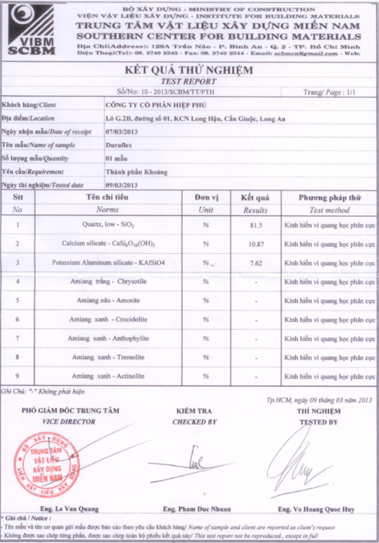 Kết quả thử nghiệm thành phần khoáng của tấm Duraflex