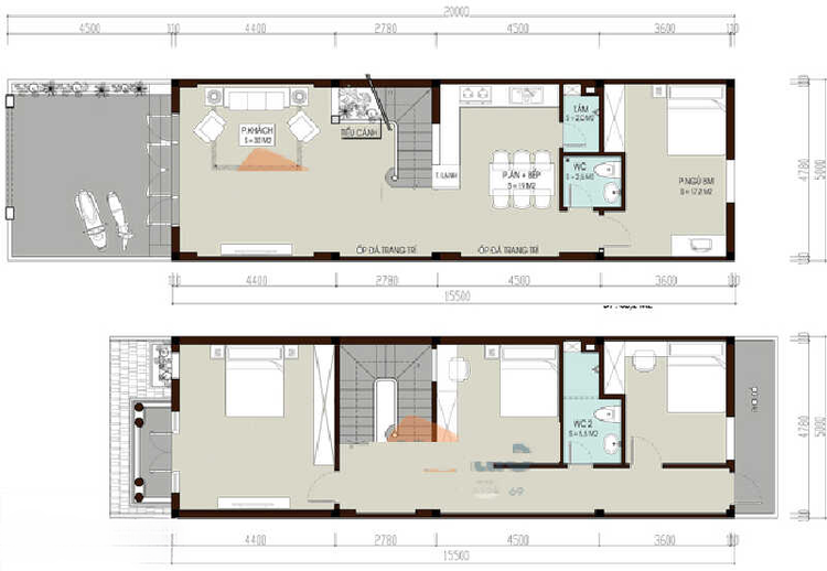 Bản vẽ 3D nhà ống 2 tầng 4 phòng ngủ chi tiết, dễ hiểu