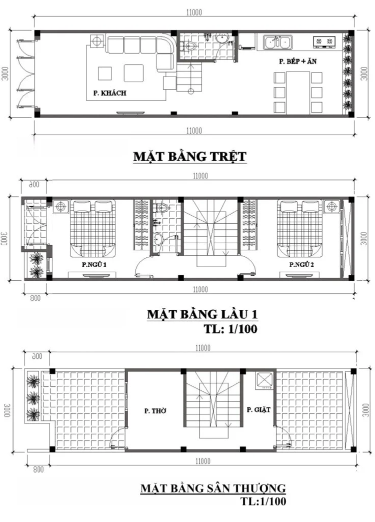 Bản vẽ nhà ống 3 tầng đầy đủ công năng sử dụng