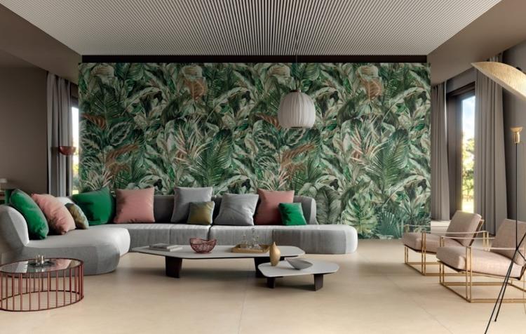 Gạch ốp tường phòng khách màu sắc thiên nhiên