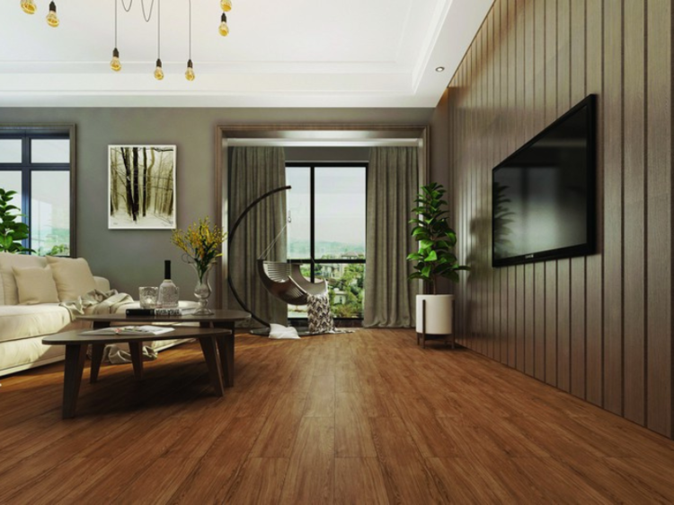 Gạch ốp tường phòng khách giả gỗ đơn giản, giá rẻ