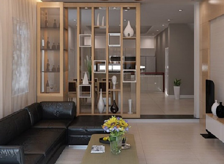 Mẫu vách ngăn phòng khách và bếp kết hợp kệ trang trí hiện đại, tiện nghi