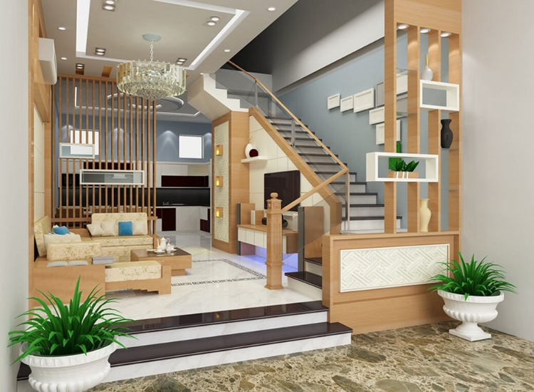 Mẫu vách ngăn phòng khách và bếp kết hợp kệ trang trí sang trọng, ấn tượng