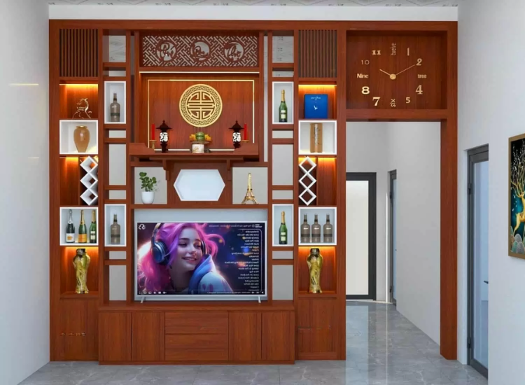 Mẫu vách ngăn phòng khách và bếp kết hợp kệ trang trí tuyệt đẹp, tiện lợi