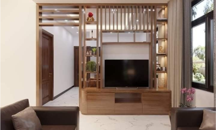 Kệ tivi ngăn phòng khách và bếp đẹp, giúp phân chia các không gian chung hiệu quả