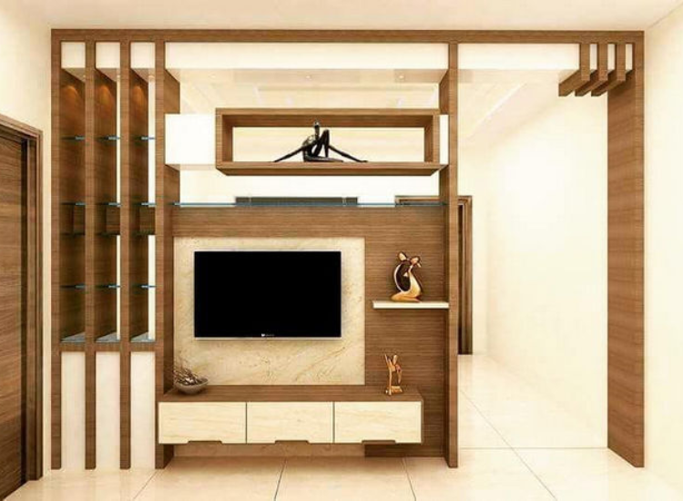 Mẫu vách ngăn phòng khách và bếp tích hợp kệ tivi thiết kế đơn giản, ấm cúng