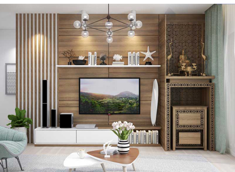 Mẫu vách ngăn phòng khách và bếp tích hợp kệ tivi bằng gỗ đẹp, sang trọng