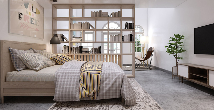 Mẫu lam gỗ phòng ngủ kết hợp với kệ trang trí 