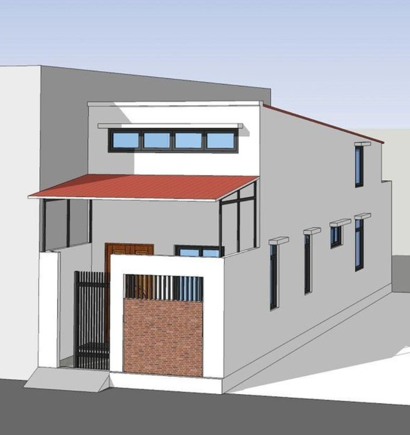 Mẫu mặt tiền nhà gác lửng 5x20 mái tôn đơn giản, tiết kiệm chi phí 