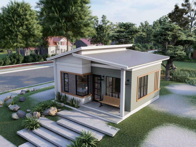 Mẫu mặt tiền nhà gác lửng 5mx10m đẹp với thiết kế mái lệch