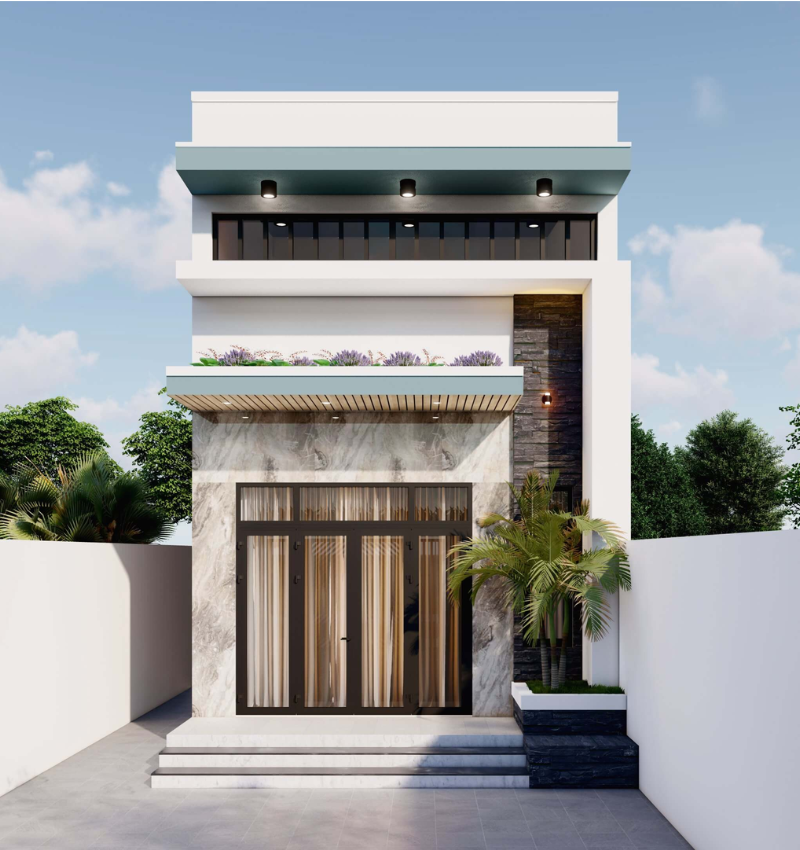 Mẫu mặt tiền nhà cấp 4 gác lửng 5x15 có tone trắng chủ đạo