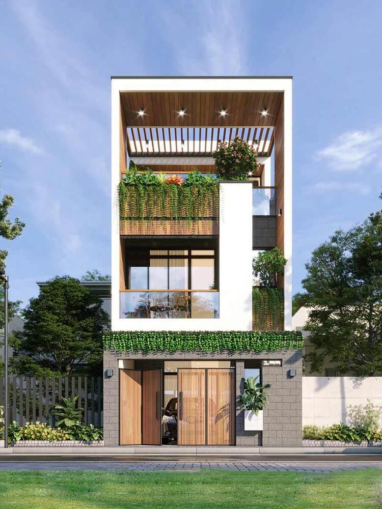 Mẫu nhà 2 tầng đẹp 1 tum sử dụng tấm vân gỗ DURAwood ốp tường