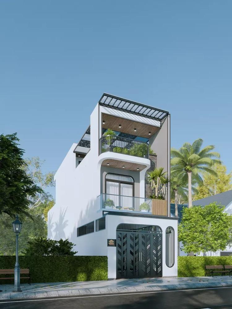 Mẫu thiết kế nhà 2 tầng 1 tum đẹp, hiện đại với tone trắng trang nhã 