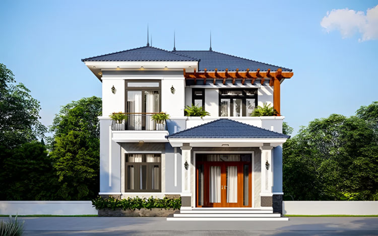 Mẫu nhà vuông 2 tầng đẹp ở nông thôn thoáng đãng
