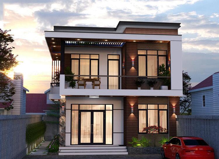 Mẫu nhà 2 tầng đep ở nông thôn mái bằng hiện đại, chi phí hợp lí 