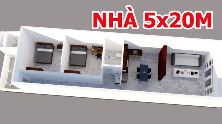 Bản vẽ nhà cấp 4 5x20 hiện đại có 2 phòng ngủ đầy đủ công năng