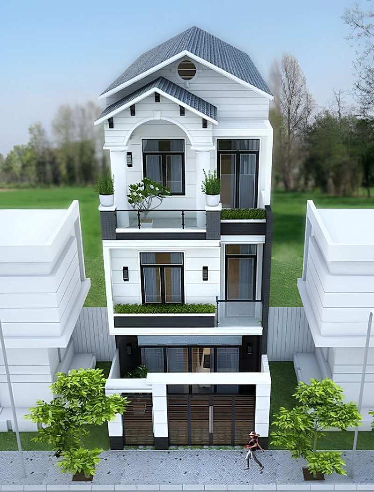Mẫu nhà ống 3 tầng mái Thái đẹp, thoáng mát với không gian xanh 