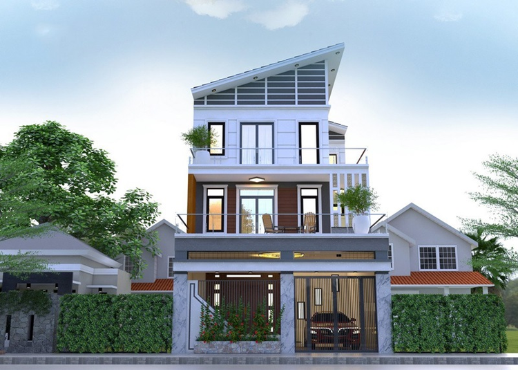 Mẫu nhà ống 3 tầng mái lệch hiện đại năm 2025 