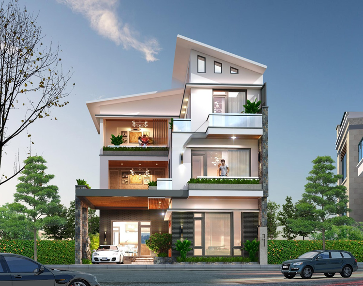 Mẫu nhà ống 3 tầng đẹp, mái lệch