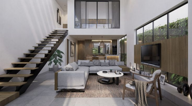 Mẫu nhà gác lửng 2 phòng ngủ mái bằng có cửa kính lớn