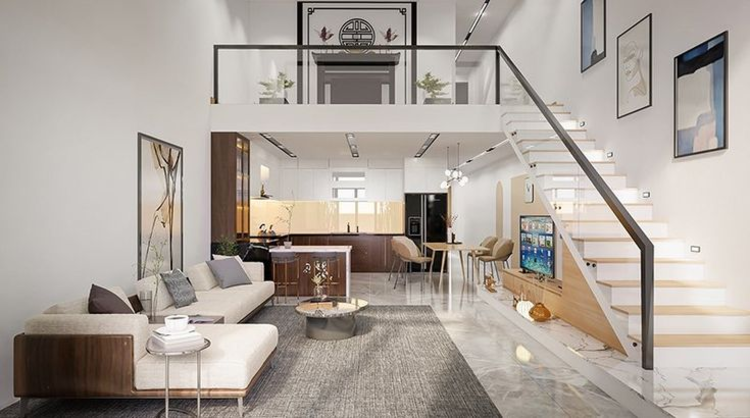 Mẫu nhà gác lửng 2 phòng ngủ mái Nhật thiết kế đơn giản, hiện đại