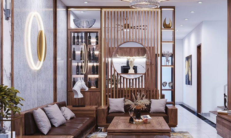 Tủ kệ vách ngăn phòng khách và bếp giúp tiết kiệm diện tích và chi phí thi công