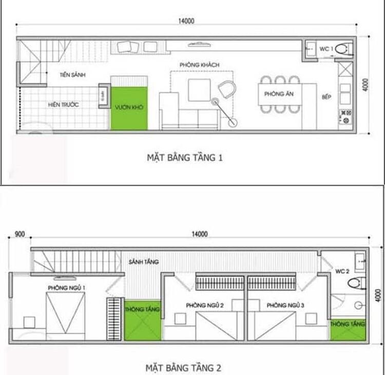 Bản vẽ mẫu nhà ống 2 tầng đẹp, đầy đủ công năng