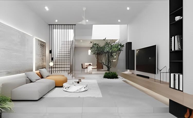 Phối cảnh không gian phòng khách nhà 2 tầng đẹp giá 700 triệu