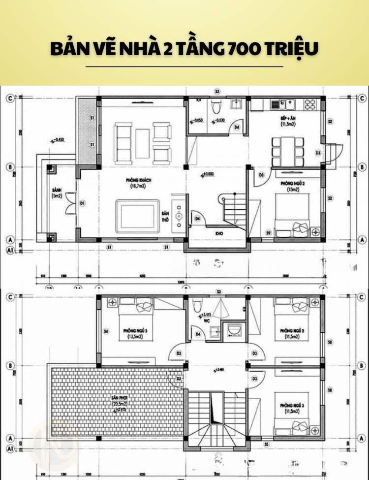 Mẫu bản vẽ thiết kế nhà 2 tầng đẹp giá 700 triệu thiết kế hiện đại 