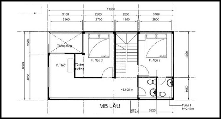 Bản vẽ công năng mặt bằng tầng 2 của nhà 2 tầng đẹp giá 700 triệu