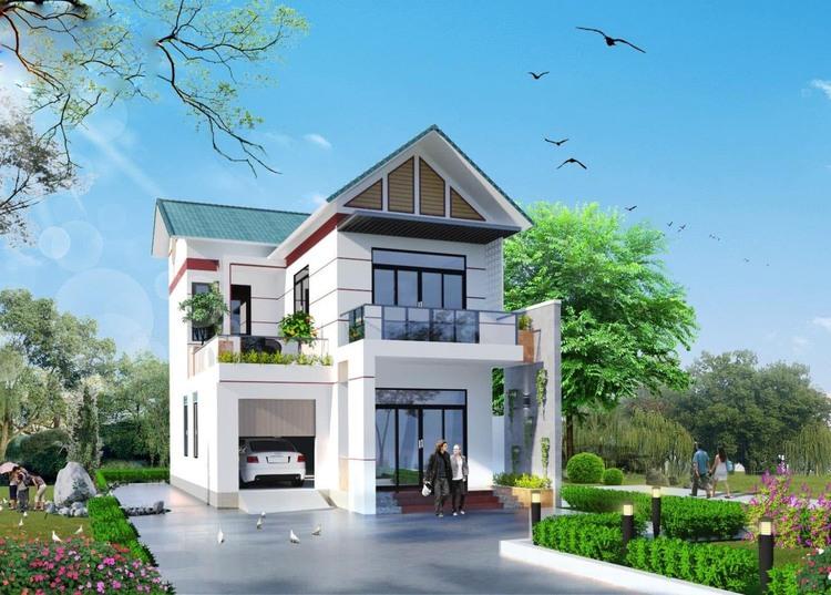 Mẫu nhà 2 tầng đẹp ở nông thôn mái Thái có gara để xe