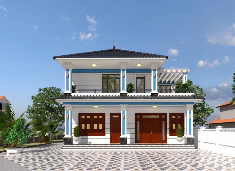 Mẫu nhà 2 tầng ngang đẹp ở nông thôn có chiều rộng dài 12m