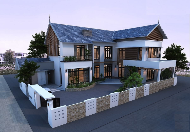 Mẫu nhà chữ L 2 tầng đep ở nông thôn 4 phòng ngủ hiện đại