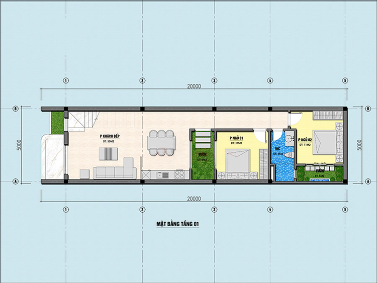 Bản vẽ nhà cấp 4 đẹp 5x20 ở nông thôn đơn giản, hiện đại