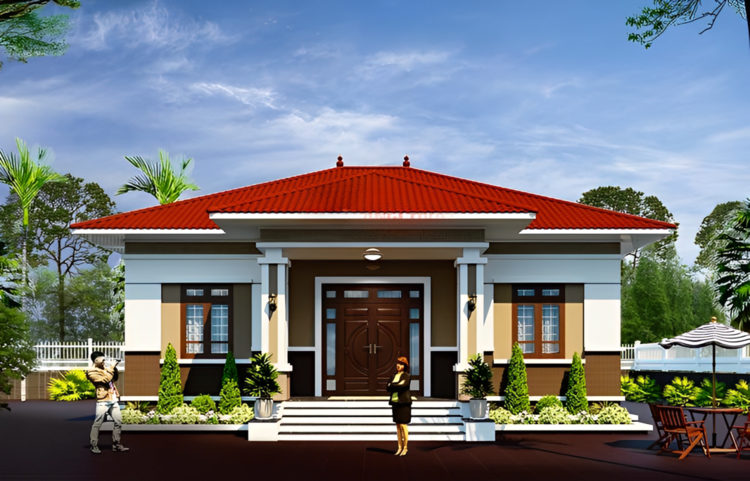 Nhà mái ngói cấp 4 có 4 phòng ngủ 12x13m thiết kế mái Nhật