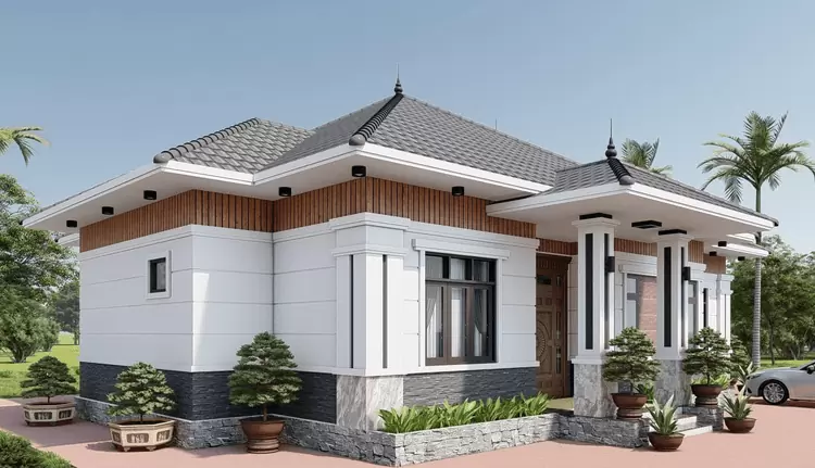 Mẫu nhà cấp 4 4 phòng ngủ mái Nhật có chóp hình tứ giác ở đỉnh