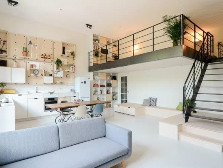 Mẫu nhà gác lửng 2 phòng ngủ mái bằng thiết kế nội thất thông minh