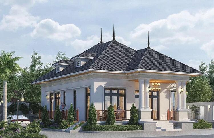 Mẫu biệt thự cấp 4 mái Nhật 3 phòng ngủ, 1 phòng thờ tone màu trắng