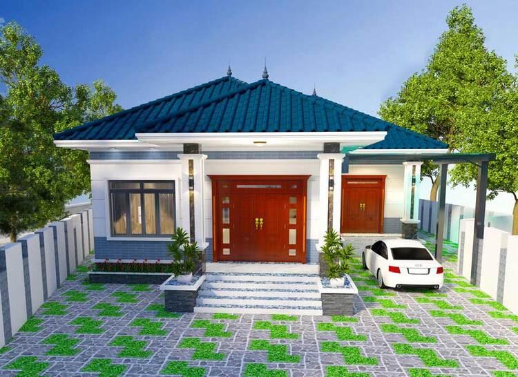 Mẫu nhà cấp 4 mái Nhật 4 phòng ngủ có gara xe đặt bên hông nhà