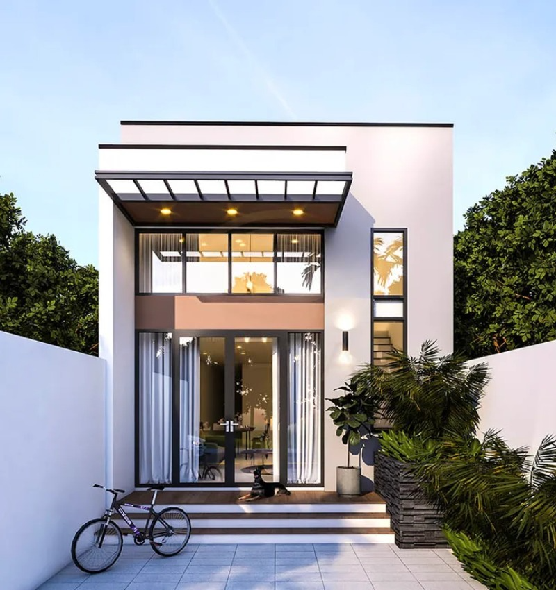 Mẫu mặt tiền nhà gác lửng 5m đẹp có với cửa kính đón ánh sáng